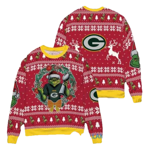 NFL Green Bay Packers x Grinch Dr. Seuss How the Grinch Stole Christmas with Super Bowl Trophy Ugly Christmas Sweater, NFL Chritsmas Sweater Moonbestprint