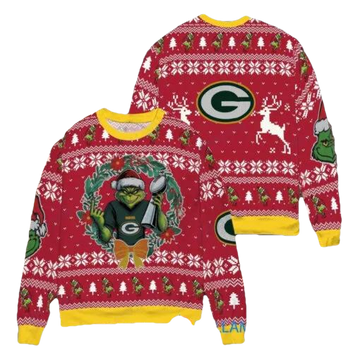 NFL Green Bay Packers x Grinch Dr. Seuss How the Grinch Stole Christmas with Super Bowl Trophy Ugly Christmas Sweater, NFL Chritsmas Sweater Moonbestprint