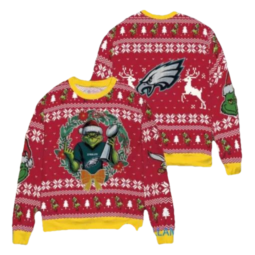 NFL Philadelphia Eagles x Grinch Dr. Seuss How the Grinch Stole Christmas with Super Bowl Trophy Ugly Christmas Sweater, NFL Chritsmas Sweater Moonbestprint