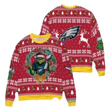 NFL Philadelphia Eagles x Grinch Dr. Seuss How the Grinch Stole Christmas with Super Bowl Trophy Ugly Christmas Sweater, NFL Chritsmas Sweater Moonbestprint