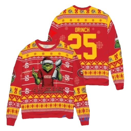 San Francisco 49ers x Grinch Christmas Dr. Seuss How the Grinch Stole Christmas with Super Bowl Trophy Custom Ugly Christmas Sweater, NFL Chritsmas Sweater Moonbestprint