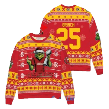 San Francisco 49ers x Grinch Christmas Dr. Seuss How the Grinch Stole Christmas with Super Bowl Trophy Custom Ugly Christmas Sweater, NFL Chritsmas Sweater Moonbestprint