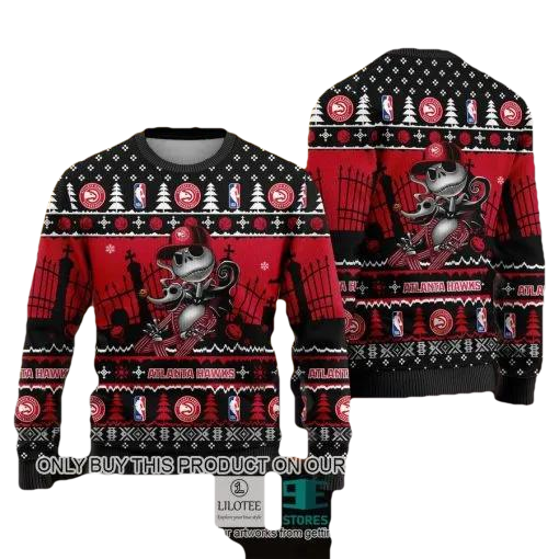 NBA Atlanta Hawks Red Black Jack Skellington And Zero Ugly Christmas Sweater, NBA Chritsmas Sweater Moonbestprint