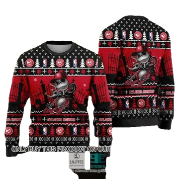NBA Atlanta Hawks Red Black Jack Skellington And Zero Ugly Christmas Sweater, NBA Chritsmas Sweater Moonbestprint