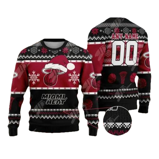 NBA Miami Heat Custom Name Number Ugly Christmas Sweater, NBA Chritsmas Sweater Moonbestprint