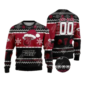 NBA Miami Heat Custom Name Number Ugly Christmas Sweater, NBA Chritsmas Sweater Moonbestprint