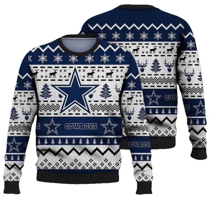 Dallas Cowboys Sweater Christmas Tree Reindeer Pattern Dallas Cowboys Ugly Sweater White Navy Blue Unisex Adults New Release Moonbestprint