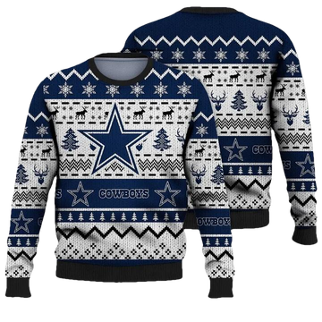 Dallas Cowboys Sweater Christmas Tree Reindeer Pattern Dallas Cowboys Ugly Sweater White Navy Blue Unisex Adults New Release Moonbestprint
