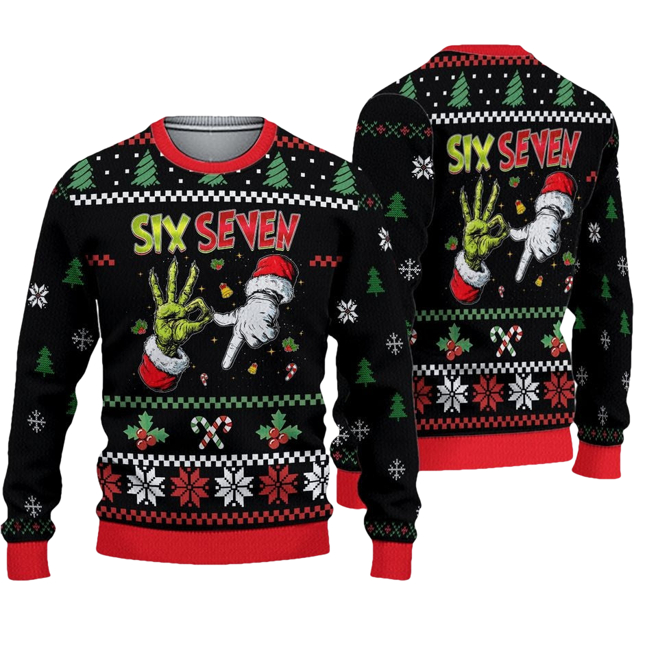 Six Seven Meme Santa Monster Hand Christmas Ugly Sweater - Moonbestprint