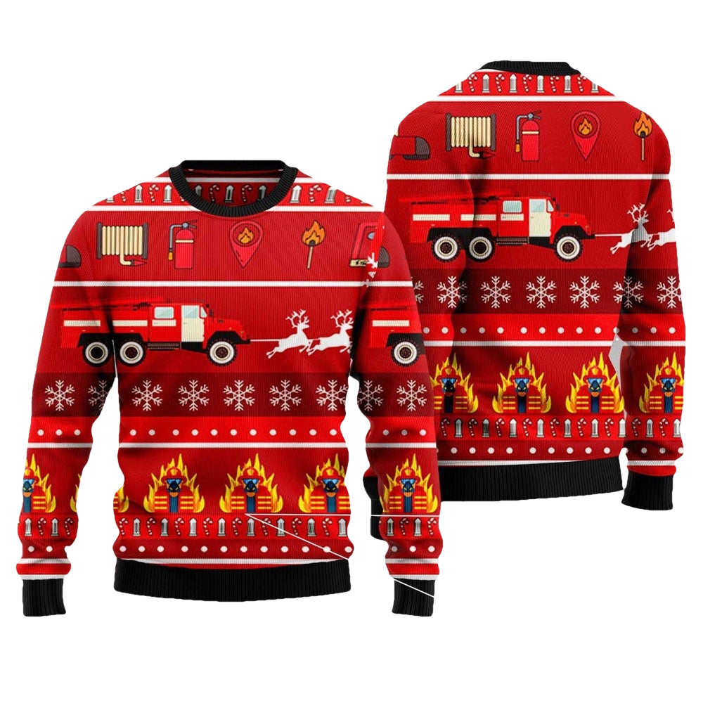 Reindeer Fire Truck Firefighter Ugly Christmas Sweater - Moonbestprint