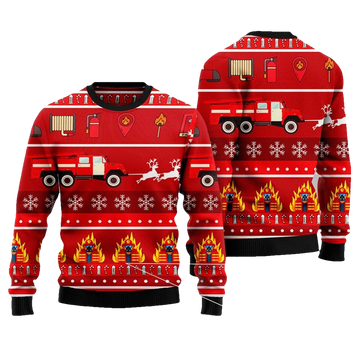 Reindeer Fire Truck Firefighter Ugly Christmas Sweater - Moonbestprint