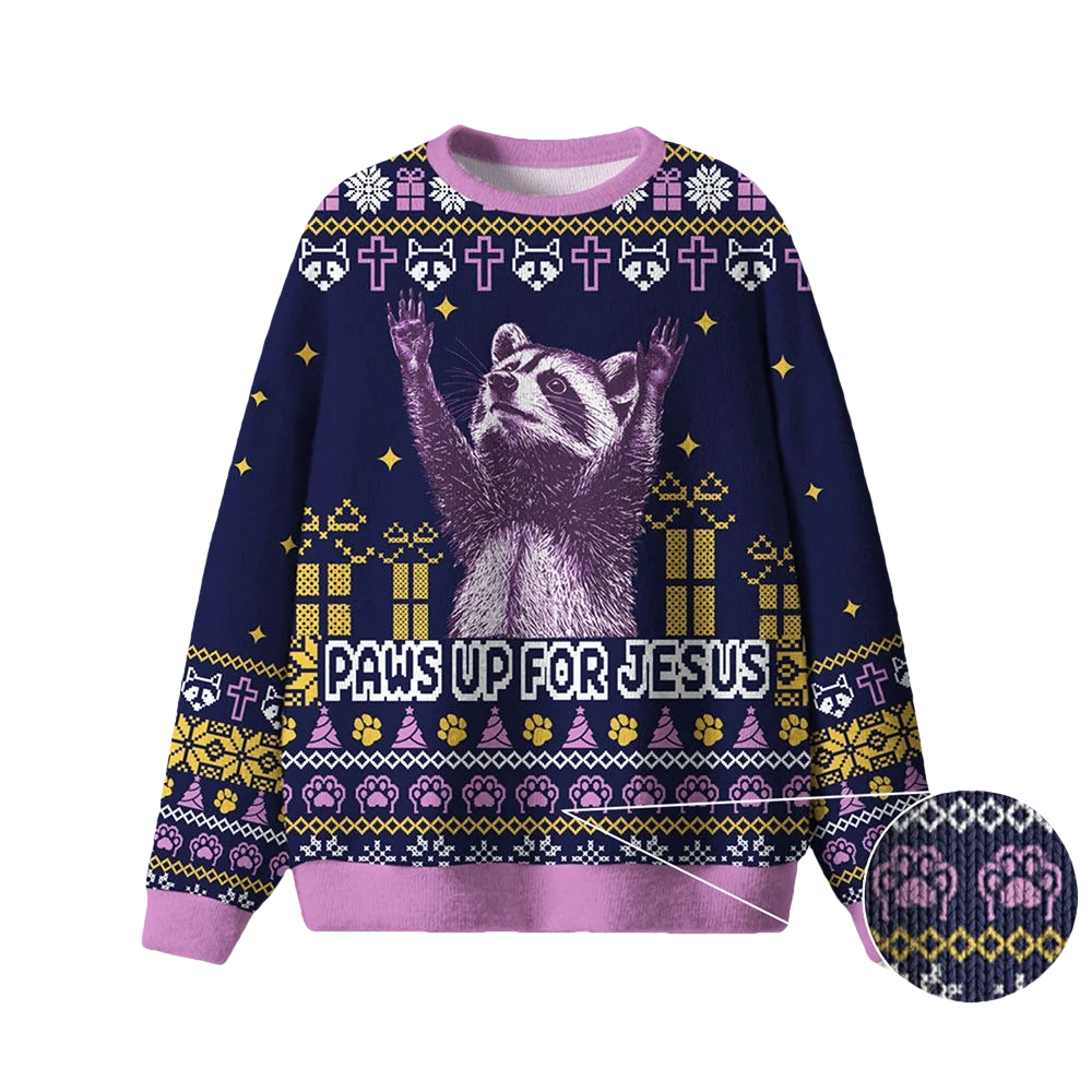 Raccoon Paws Up For Jesus Ugly Christmas Sweater - Moonbestprint