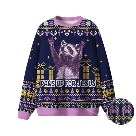 Raccoon Paws Up For Jesus Ugly Christmas Sweater - Moonbestprint