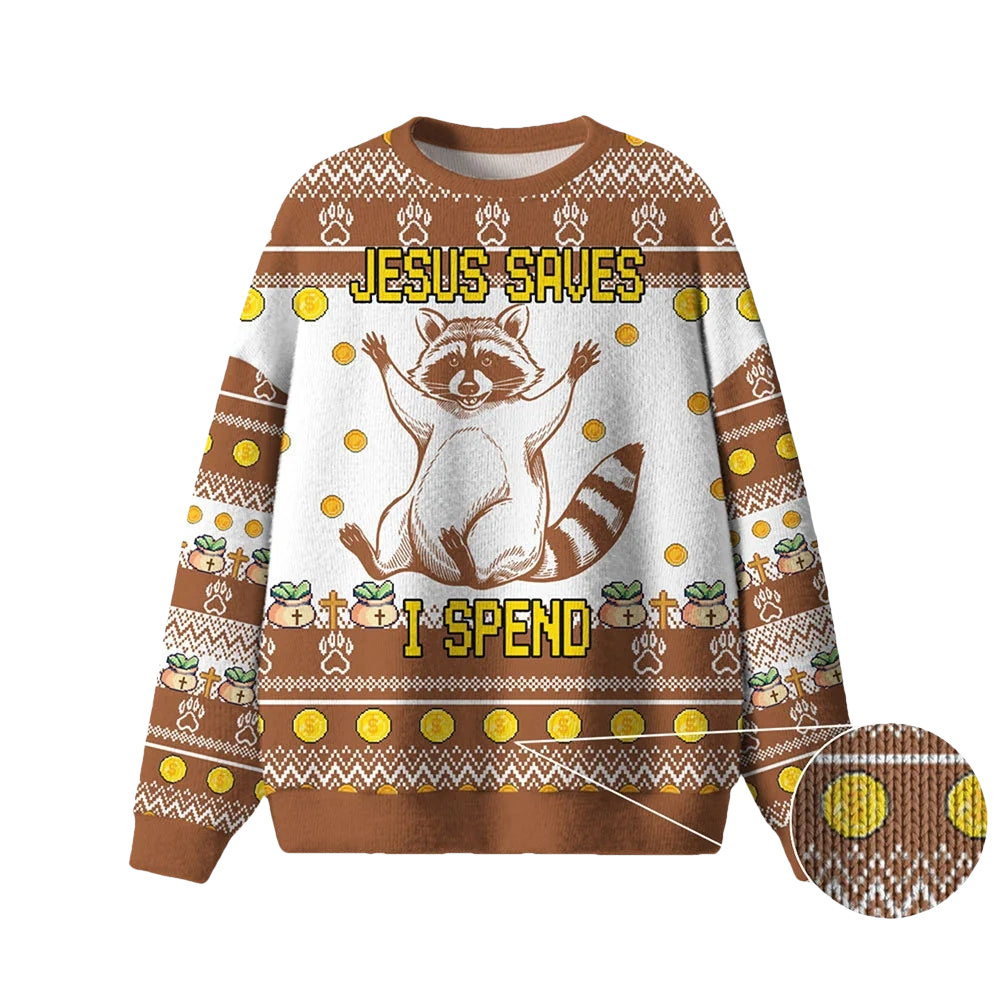 Raccoon Jesus Saves I Spend Ugly Christmas Sweater - Moonbestprint