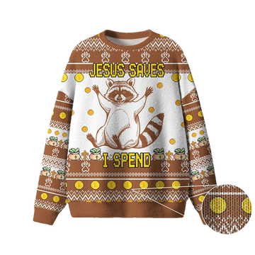 Raccoon Jesus Saves I Spend Ugly Christmas Sweater - Moonbestprint