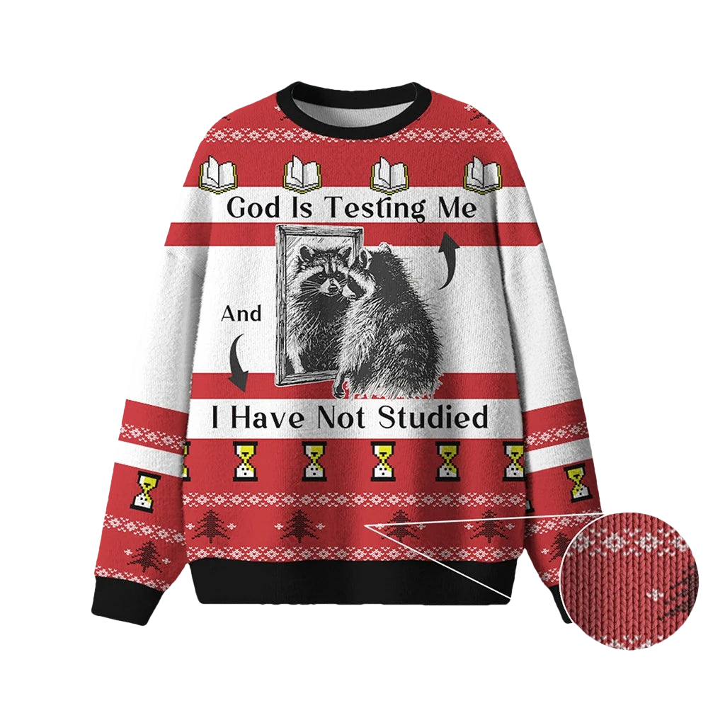 Raccoon God Is Testing Me Ugly Christmas Sweater - Moonbestprint