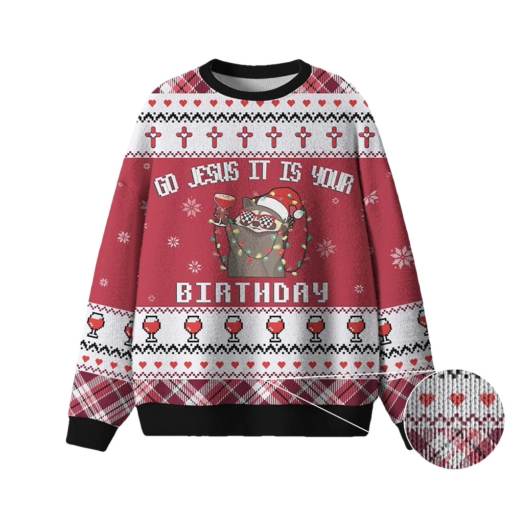 Raccoon Go Jesus It Is Your Birthday Ugly Christmas Sweater - Moonbestprint