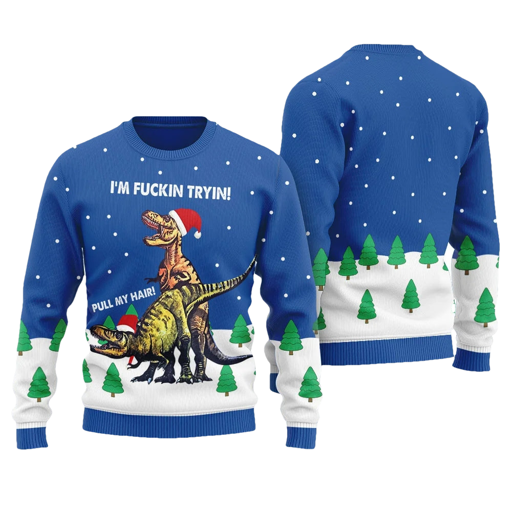 Pull My Hair Dinosaur Dirty Christmas Ugly Sweater - Moonbestprint