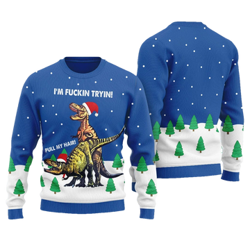 Pull My Hair Dinosaur Dirty Christmas Ugly Sweater - Moonbestprint