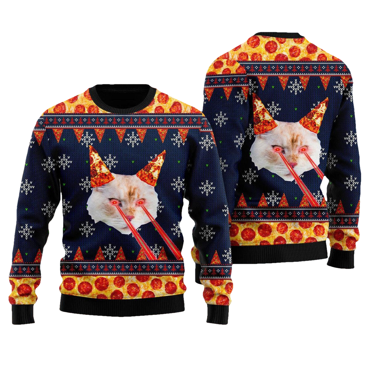 Pizza Cat With Laser Eyes Ugly Christmas Sweater - Moonbestprint