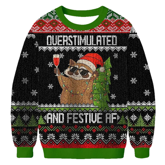 Overstimulated And Festive AF Raccoon Christmas Ugly Sweater - Moonbestprint