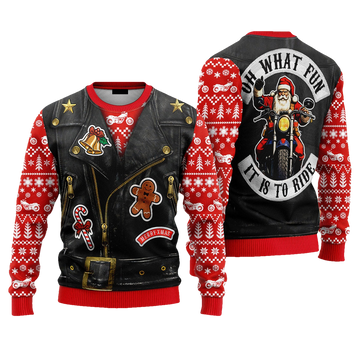 Oh What Fun It Is To Ride Santa Biker Christmas Ugly Sweater - Moonbestprint