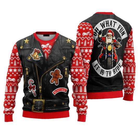 Oh What Fun It Is To Ride Santa Biker Christmas Ugly Sweater - Moonbestprint