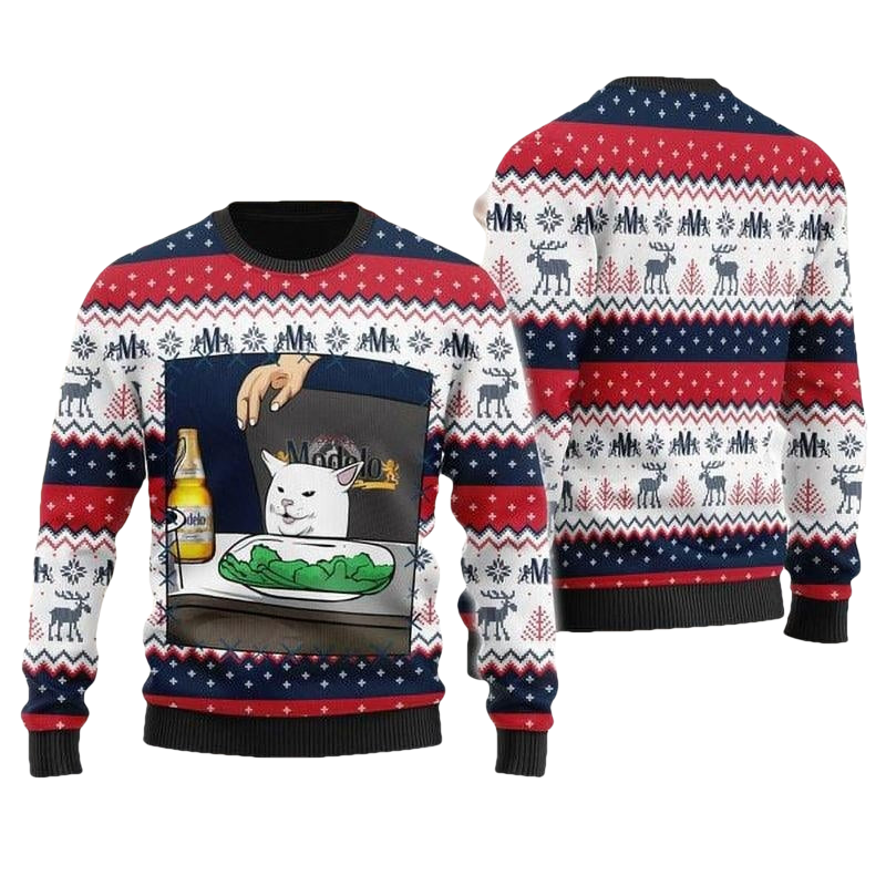 Modelo Beer Cat Meme Christmas Ugly Sweater - Moonbestprint
