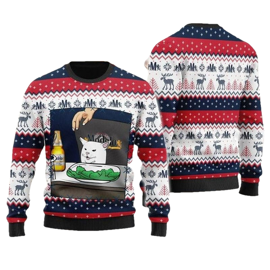 Modelo Beer Cat Meme Christmas Ugly Sweater - Moonbestprint
