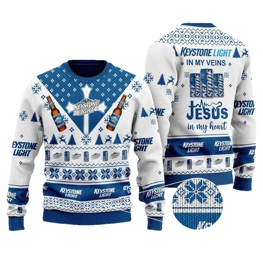 Keystone Light In My Veins Jesus In My Heart Ugly Sweater - Moonbestprint