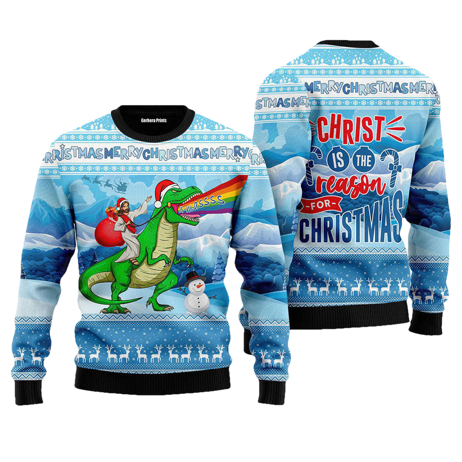 Jesus Riding Dinosaur Ugly Christmas Sweater - Moonbestprint