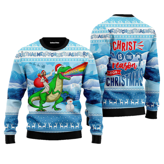 Jesus Riding Dinosaur Ugly Christmas Sweater - Moonbestprint