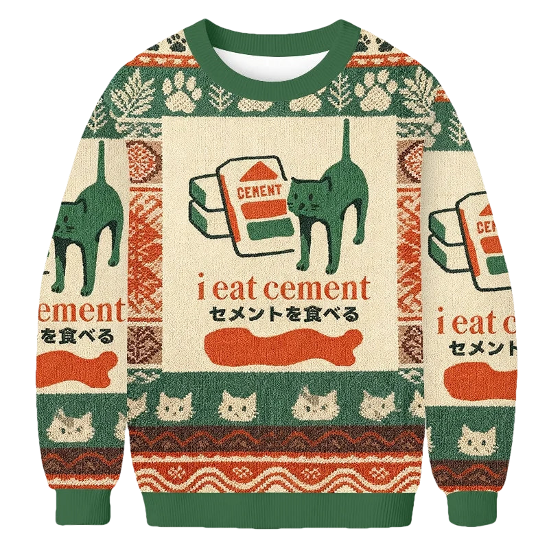 Japanese Cat I Eat Cement Ugly Sweater - Moonbestprint