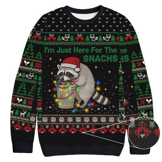 Im Just Here For The Snachs Raccoon Ugly Xmas Sweater - Moonbestprint