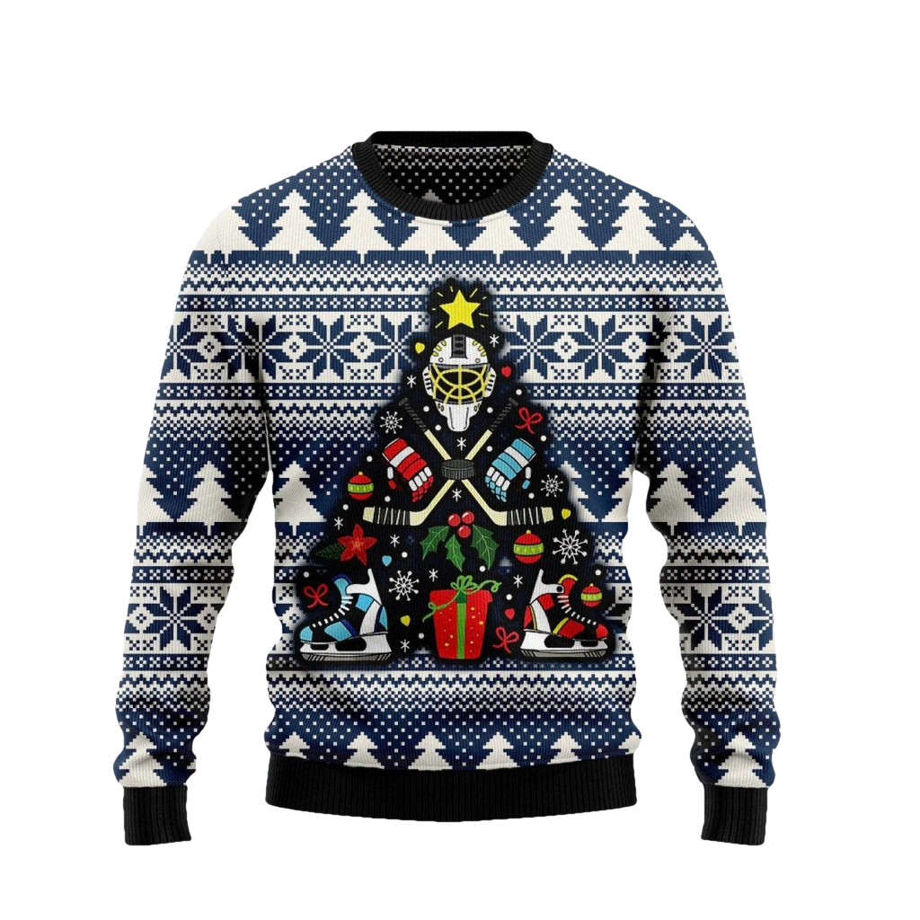 Hockey Player Christmas Tree Ugly Christmas Sweater - Moonbestprint