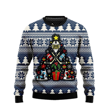 Hockey Player Christmas Tree Ugly Christmas Sweater - Moonbestprint