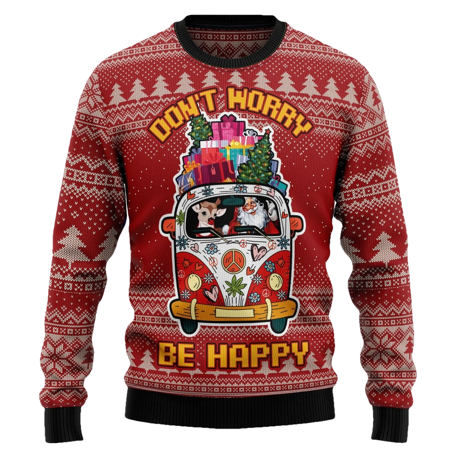 Hippie Car Dont Worry Be Happy Ugly Christmas Sweater - Moonbestprint