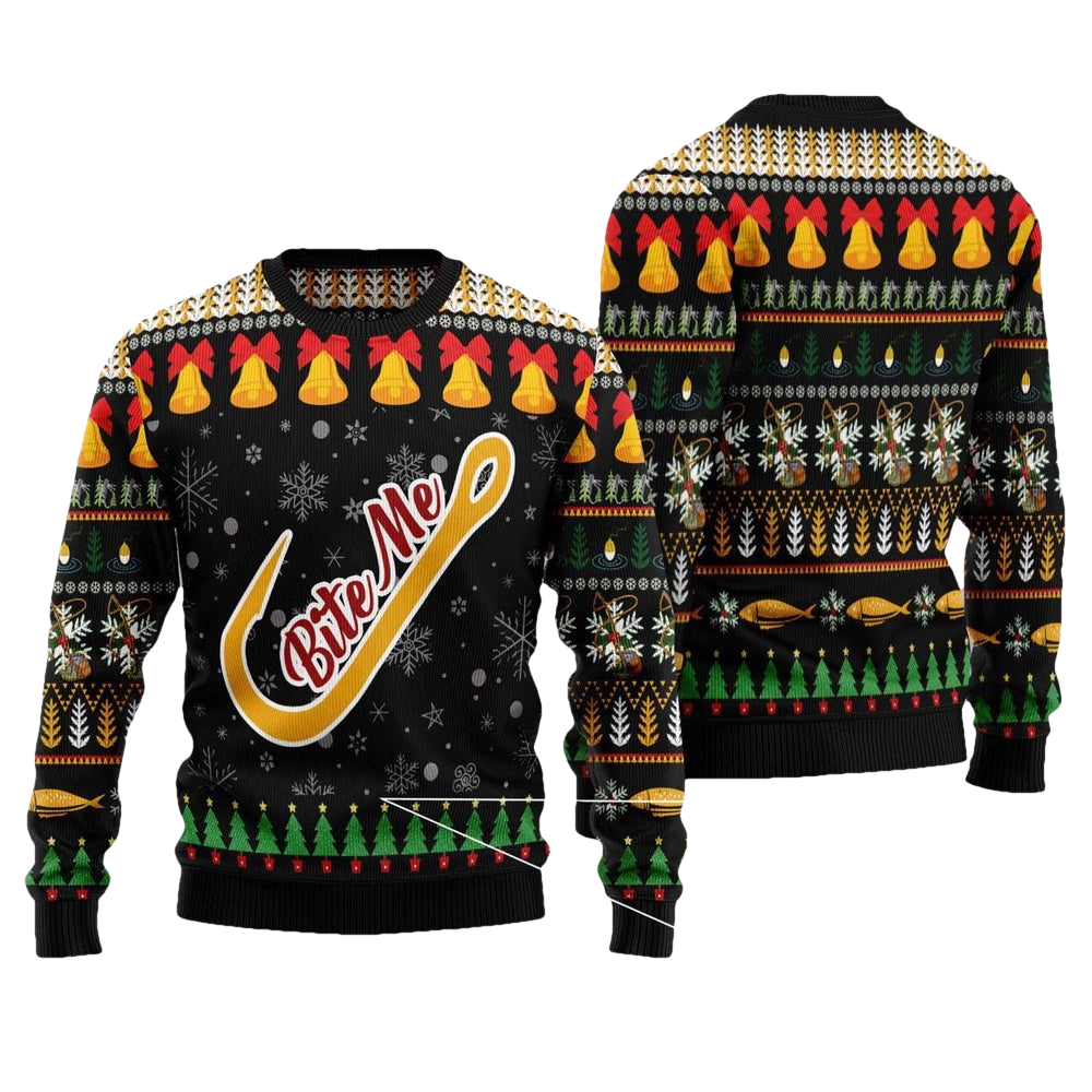 Fishing Hook Bite Me Ugly Christmas Sweater - Moonbestprint