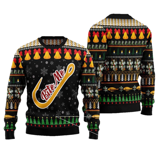 Fishing Hook Bite Me Ugly Christmas Sweater - Moonbestprint