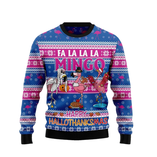 Fa La La La Mingo Happy HalloThanksMas Flamingo Ugly Christmas Sweater - Moonbestprint