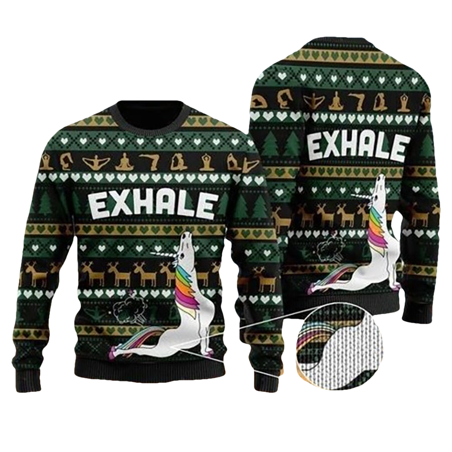 Exhale Yoga Unicorn Ugly Christmas Sweater - Moonbestprint