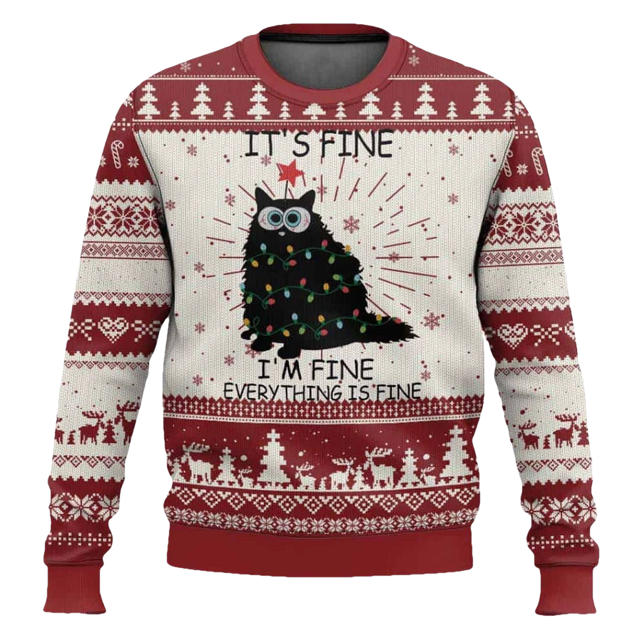 Everything Is Fine Black Cat Ugly Christmas Sweater - Moonbestprint
