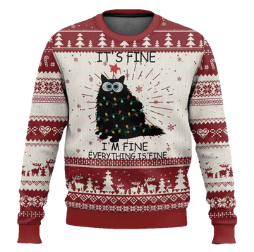 Everything Is Fine Black Cat Ugly Christmas Sweater - Moonbestprint