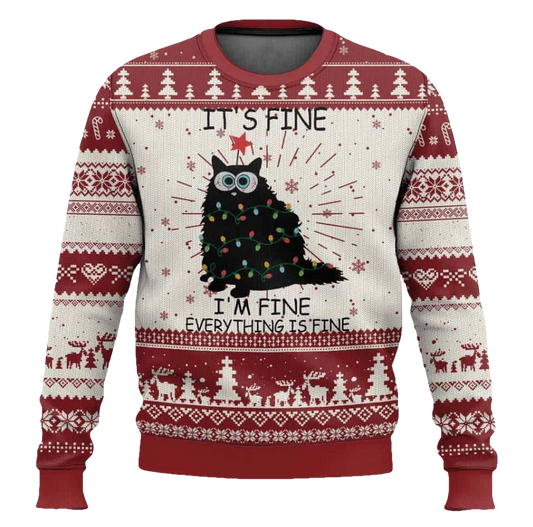 Everything Is Fine Black Cat Ugly Christmas Sweater - Moonbestprint