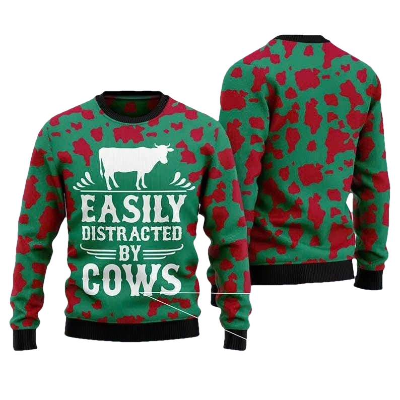 Easily Distracted By Cows Ugly Christmas Sweater - Moonbestprint