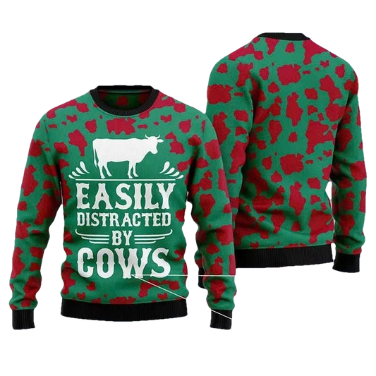 Easily Distracted By Cows Ugly Christmas Sweater - Moonbestprint