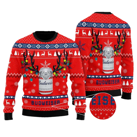 Budweiser Christmas Reindeer Horns Ugly Sweater - Moonbestprint