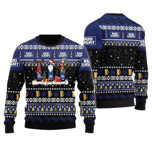 Bud Light Santa Reindeer Snowflake Christmas Ugly Sweater - Moonbestprint