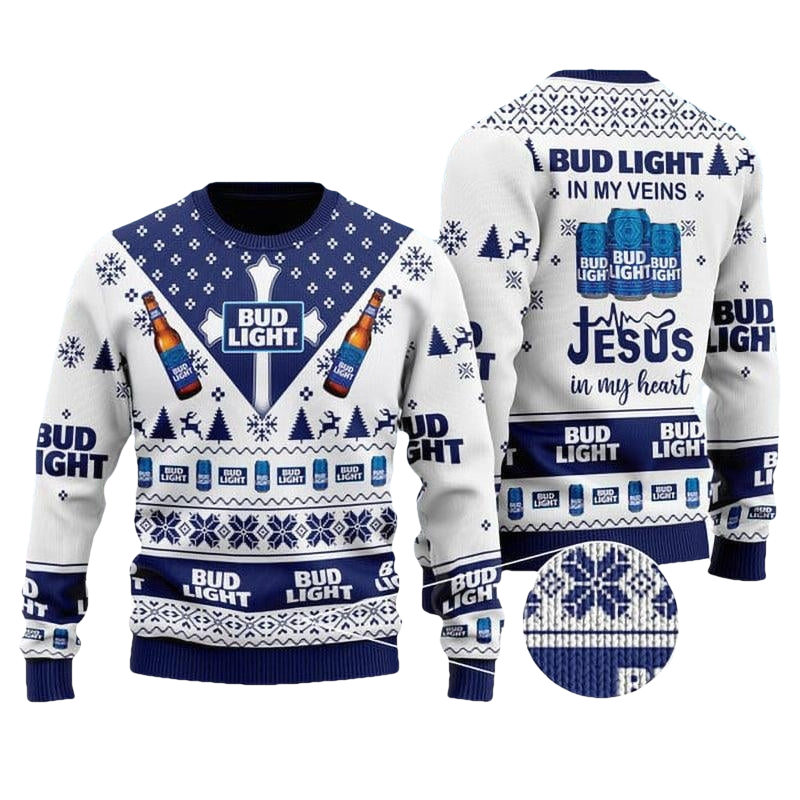Bud Light In My Veins Jesus In My Heart Ugly Sweater - Moonbestprint