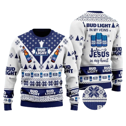 Bud Light In My Veins Jesus In My Heart Ugly Sweater - Moonbestprint